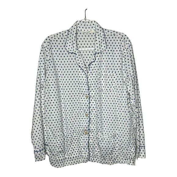 Roller Rabbit Pajama Top Womens Large Button Up White Blue Hearts Cotton Shirt